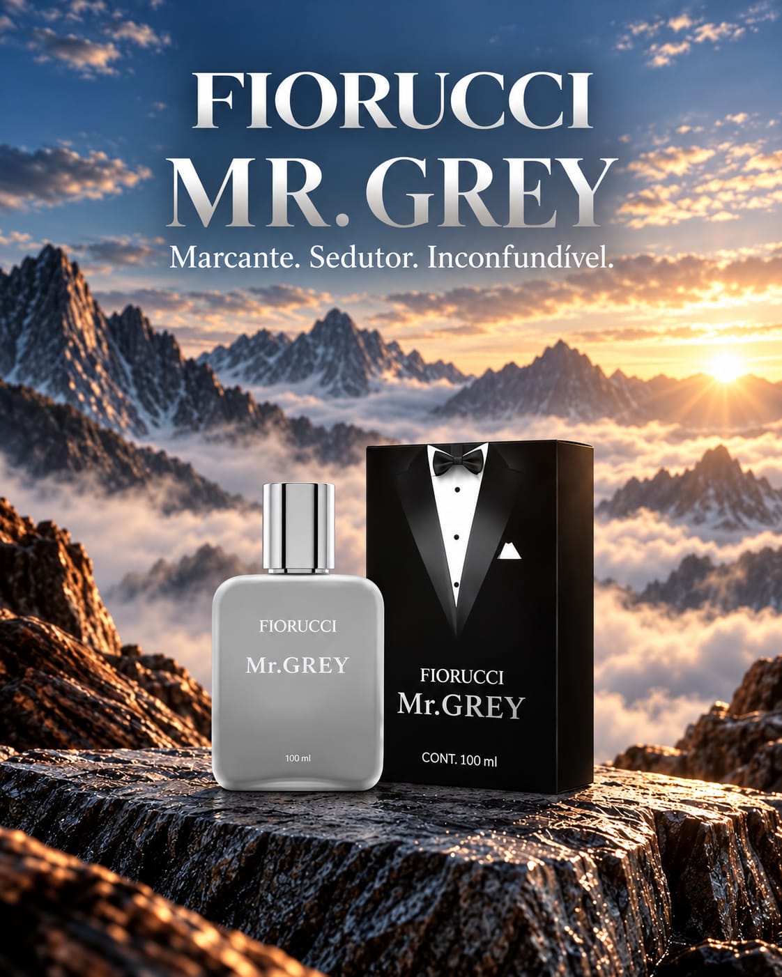 Fiorucci Mr. GREY: frasco sobre rocha com montanhas ao amanhecer ao fundo